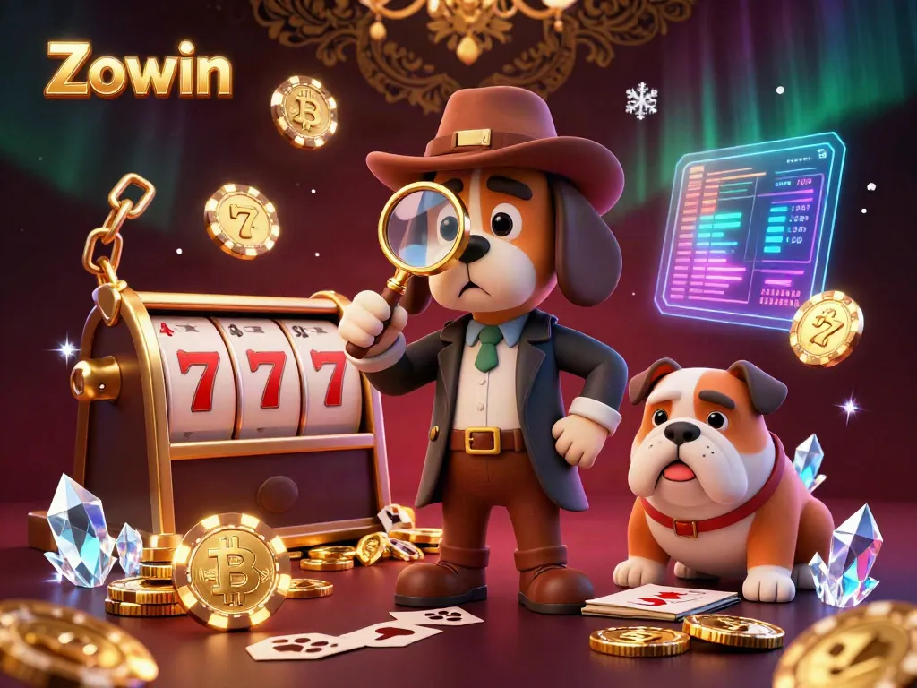 Zowin enhances the thrill with a detective cartoon scene featuring a bloodhound examining a poker chip clue.