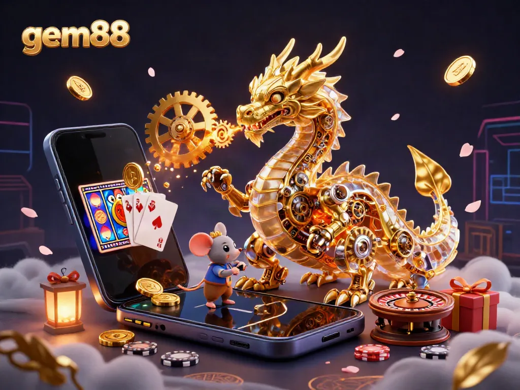 Experience thrilling gameplay with gem88's colorful slot games alongside a golden dragon in a rich 3D scene.
