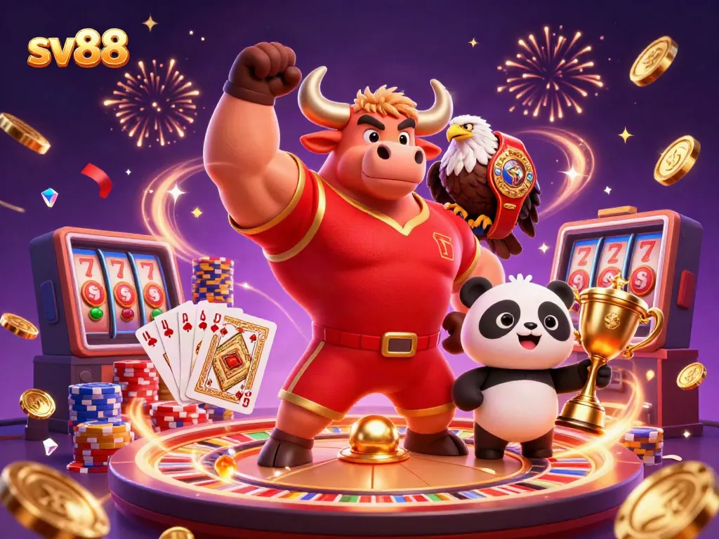 Experience thrilling victories at sv88 with a majestic bull, eagle, and panda celebrating wins in a vibrant casino.