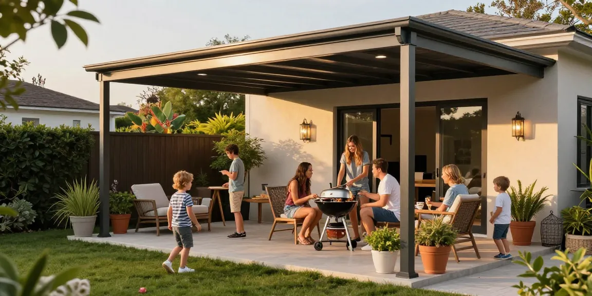 Moderne Terrassenüberdachung bietet Schutz für die Familie beim Grillen im Garten.