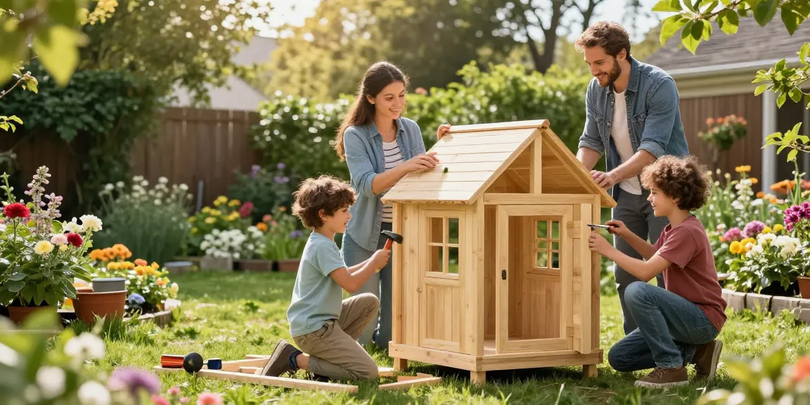 Familie beim Gartenhaus kaufen und zusammenbauen im eigenen Garten.