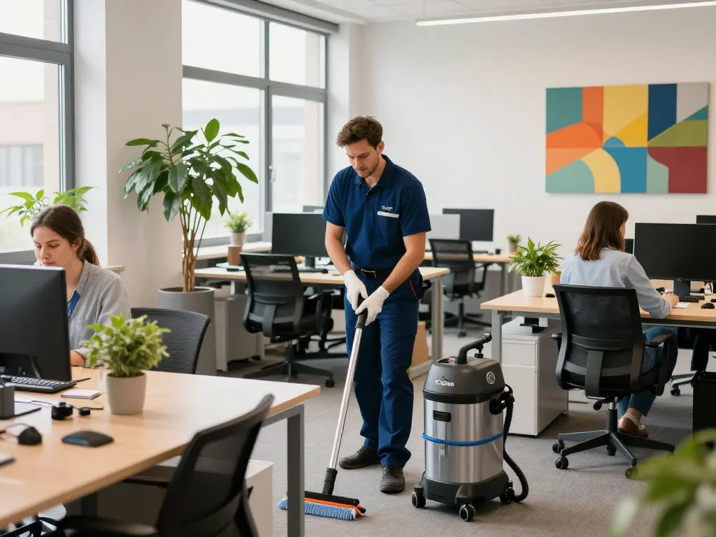 Professionelle Unterhaltsreinigung – Münster & Umgebung in einem lebhaften Büro mit einer Reinigungskraft, die Hygiene und Sauberkeit gewährleistet.