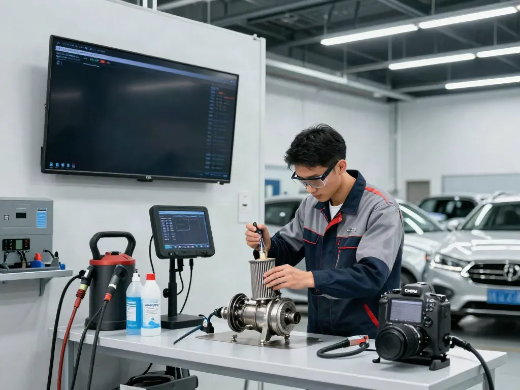 Techniker beim DPF reinigen in einer modernen Werkstatt mit präzisen Werkzeugen und Geräten.