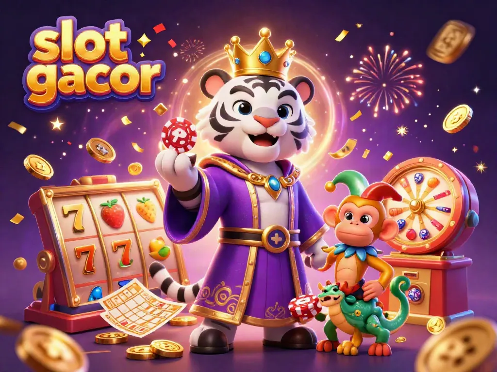 Experience the vibrant excitement of slot gacor featuring colorful elements and characters in a festive, animated casino scene.