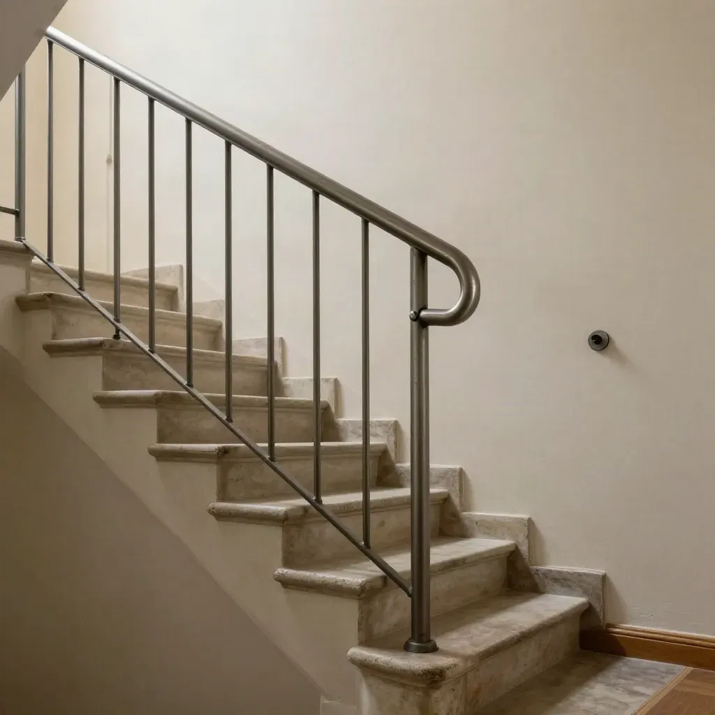 Stahlhandlauf an alter Treppe mit Wandhalterungen und warmem Tageslicht