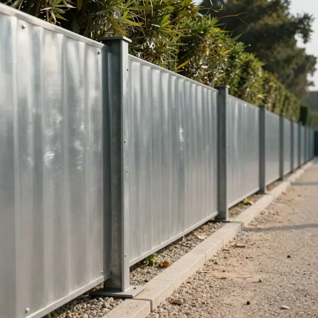 Verzinkte Zaunfelder entlang einer Hecke mit Kiesbett und klaren Pfosten im Wind.