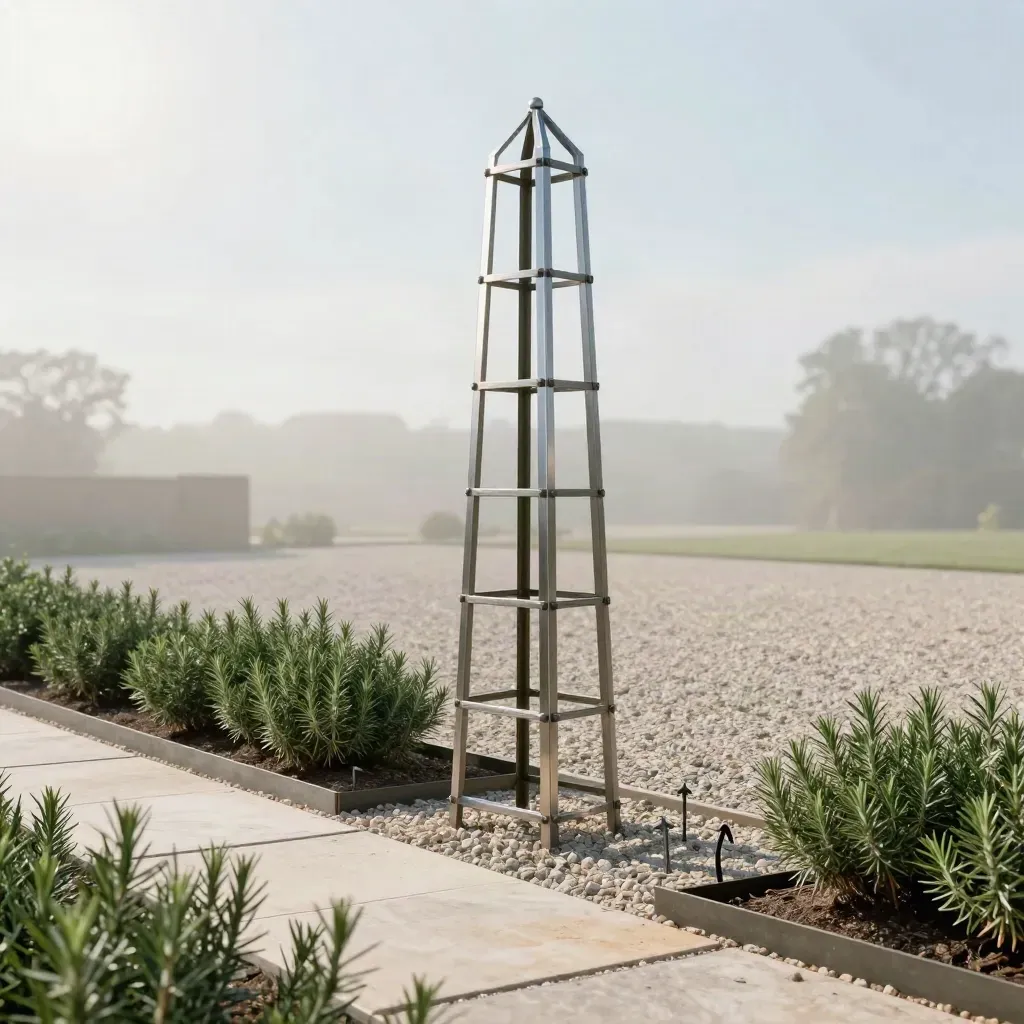 Zier- und Gartenteile: Stahl-Obelisk und Beetkante im Kiesgarten mit Rosmarin.