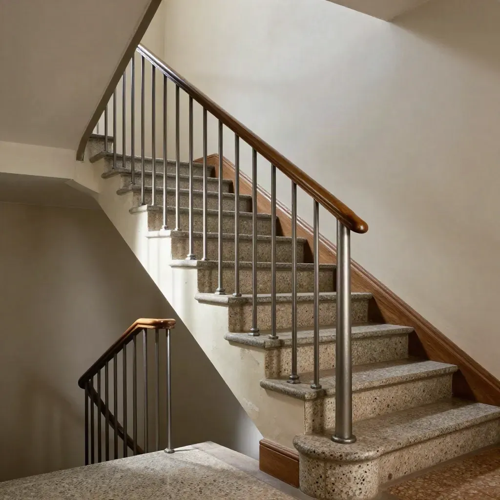 Geschwungenes Stahlgeländer an alter Treppe mit Holz, Terrazzo und hellem Stuck.