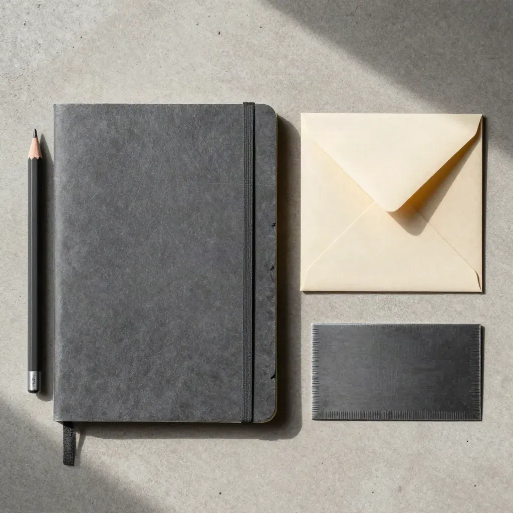 Flachlay mit geschlossenem Notizbuch, Bleistift, Umschlag und Stahlrest auf hellem Beton.