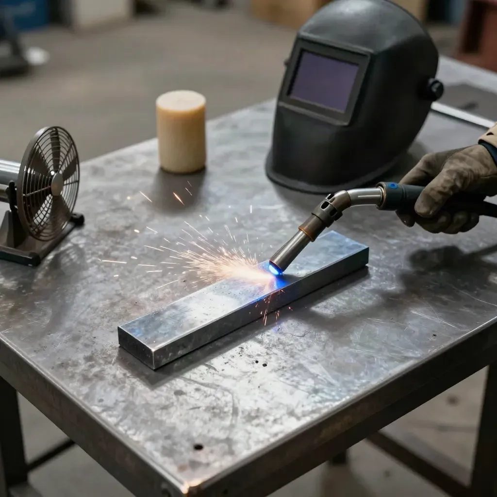 Stahlflachstahl, MIG-Düse, Schweißhelm und helle Offcuts auf Werkbank, von links oben belichtet