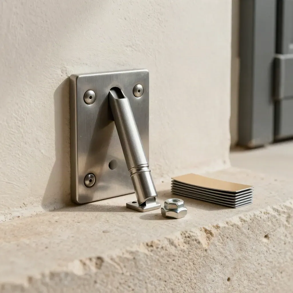 Hinge-Detail mit Ankerplatte, Kappe und Shim-Paket auf hellem Steinsims