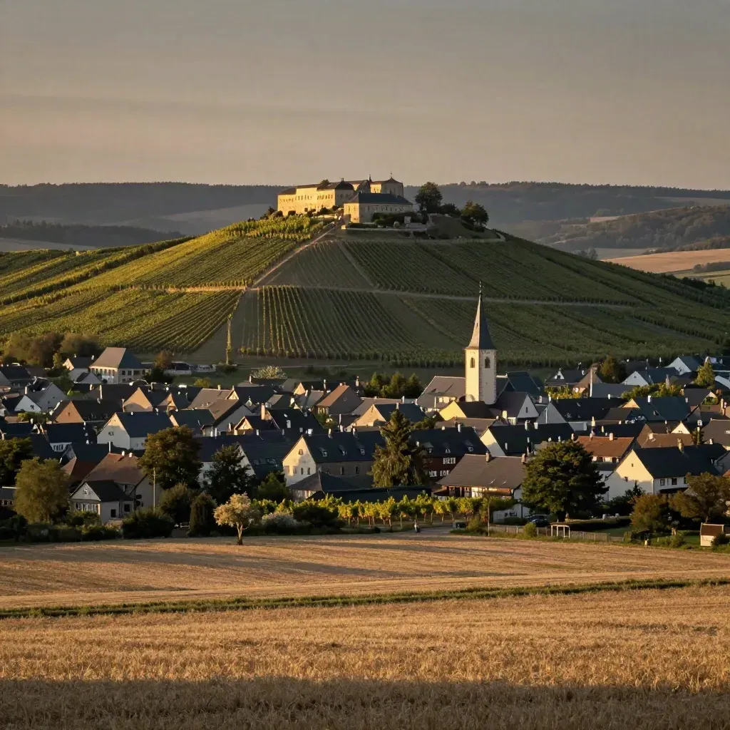 Blick auf Kirchheim unter Teck mit Teck-Hügel, Weinbergen und ruhigem Tal im Goldlicht.
