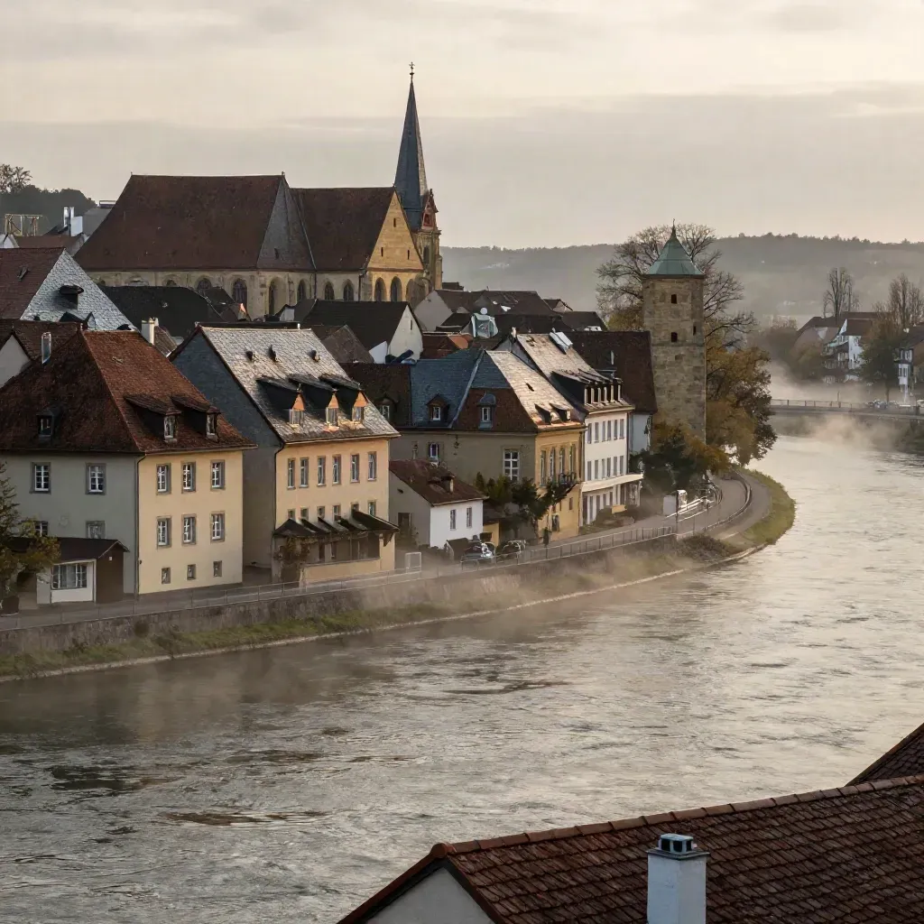 Esslinger Altstadtdächer mit Kirchturm über ruhigem Neckarbogen im Dunst.
