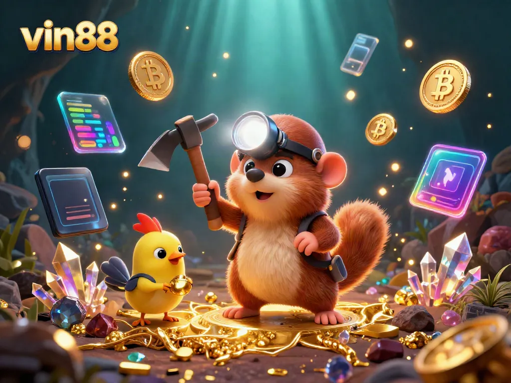 Experience the thrill of vin88 with a treasure hunter mole and canary in a vibrant digital casino scene.