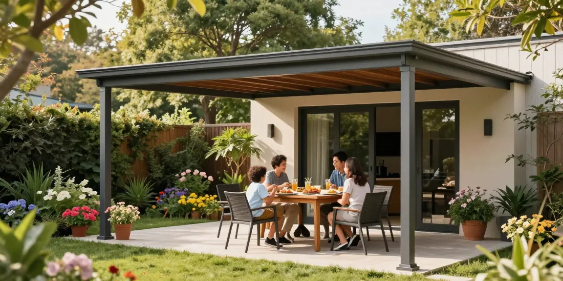 Freistehende Terrassenüberdachung mit Familie beim Essen im Garten, einladende Atmosphäre.