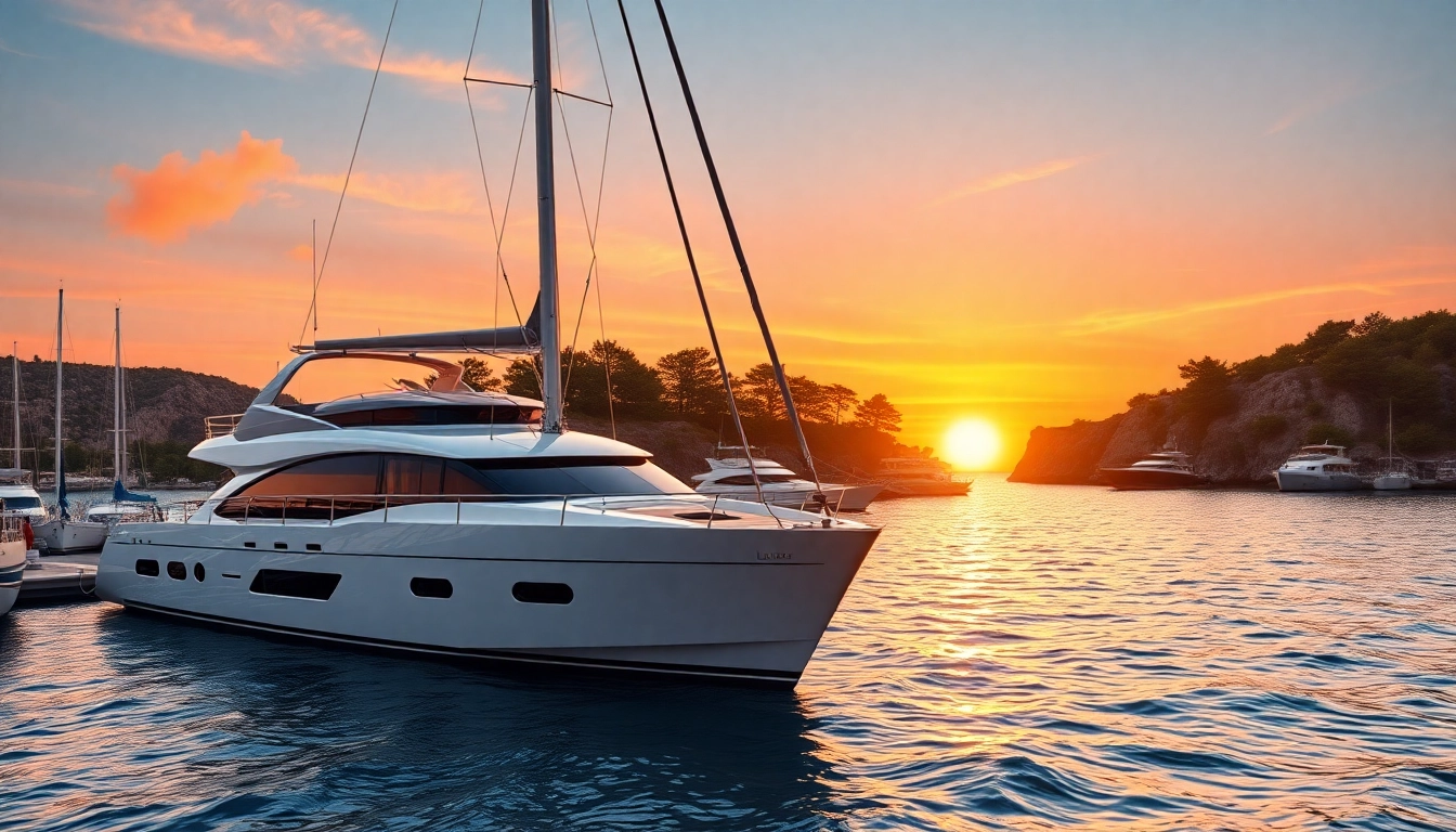 Mega Lüfer Yachts genießen eine malerische Hafenatmosphäre bei Sonnenuntergang.