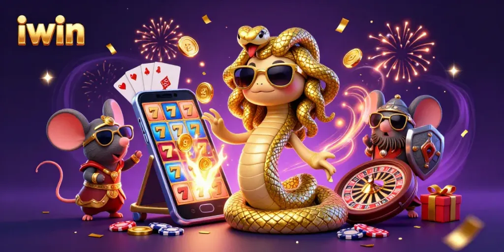 iwin showcases energetic casino gameplay with Medusa and a warrior mouse, highlighting vibrant slot machines.