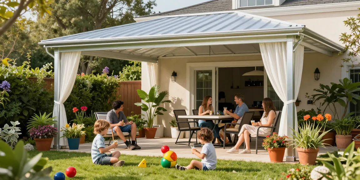 Moderne Terrassenüberdachungen im Garten für entspannte Familienmomente.