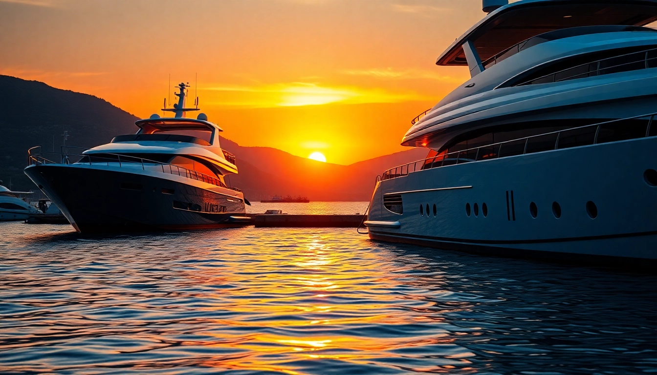 Erleben Sie die eleganten Mega Lüfer Yachts in einem ruhigen Hafen mit atemberaubendem Sonnenuntergang.
