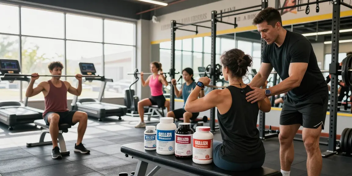 Vertrauenswürdige Produkte von Selliza Shop in einem Fitnessstudio mit engagierten Athleten.