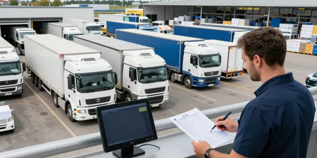 Effiziente Transportfirma in Stuttgart mit Mitarbeitern und Lastwagen am Ladebereich