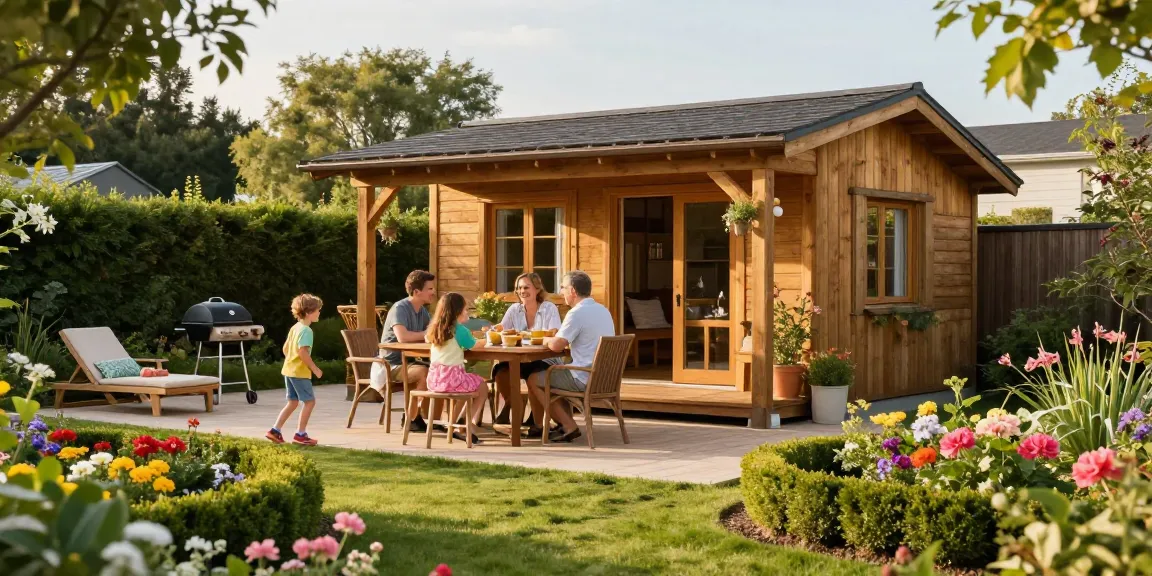 Ein schönes Gartenhaus im eigenen Garten mit einer Familie, die eine entspannte Zeit im Freien verbringt.