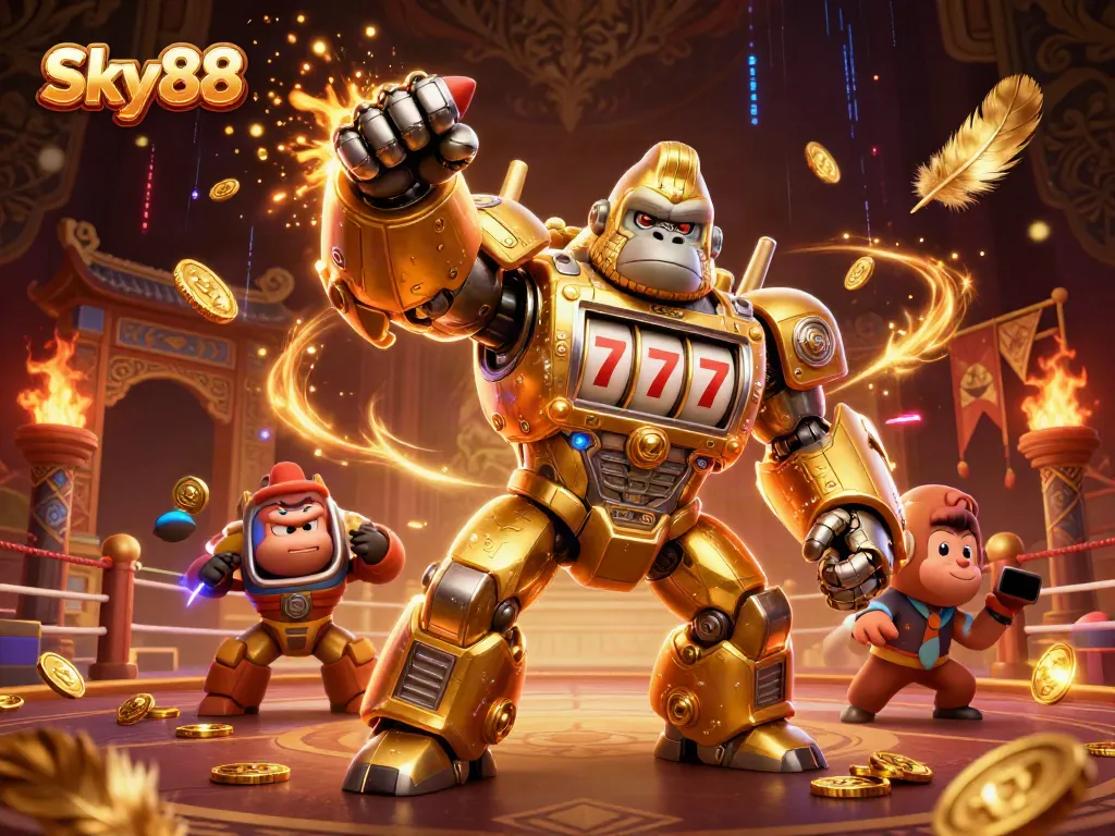 Sky88 golden gorilla mech spins reels in an electrifying casino showdown, showcasing vibrant gambling action.