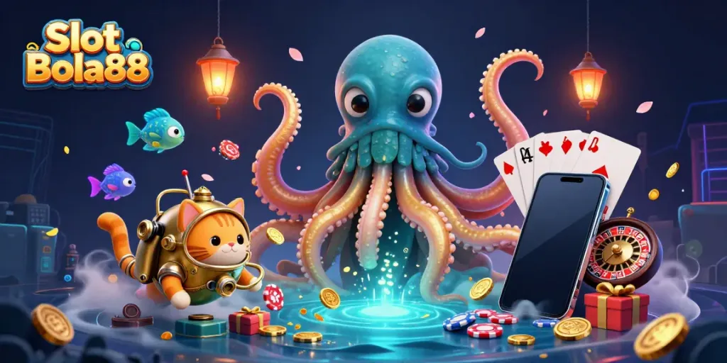 Play thrilling Slot Bola88 amidst a vibrant 3D gaming adventure featuring a kraken and unique characters.