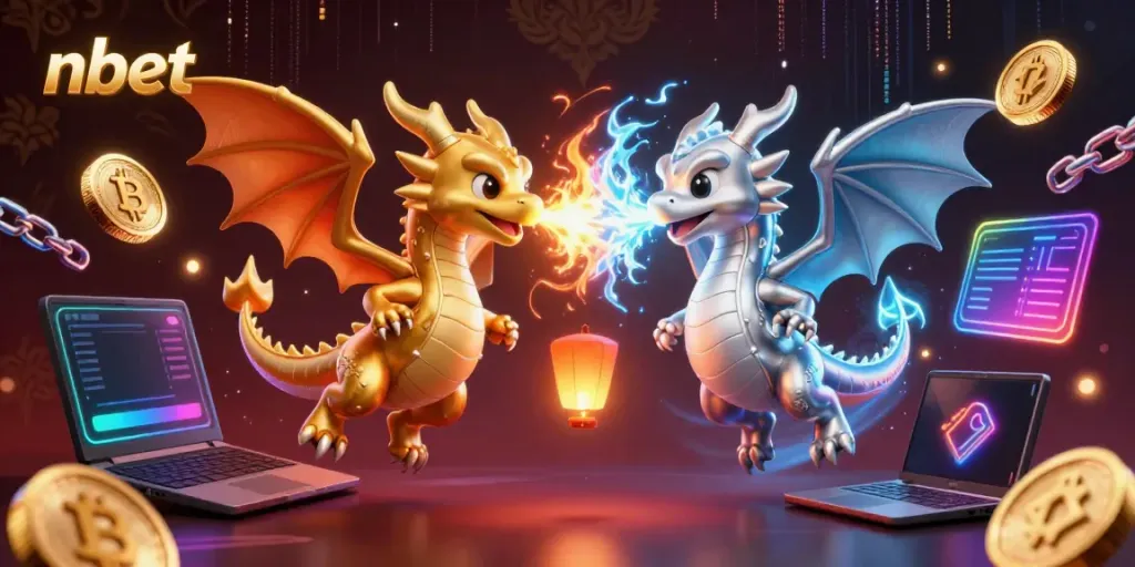 Experience thrilling gameplay with nbet, featuring intertwined golden and silver dragons in a magical casino world.