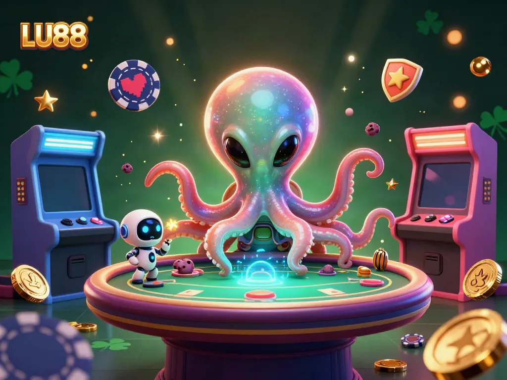 LU88 octopus dealer engaging players at a holographic poker table in a vibrant casino scene.