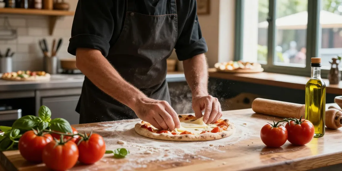 Chef preparing authentic Italian pizza at Pizzeria Madera, embodying pg soft culinary artistry with vibrant fresh ingredients.