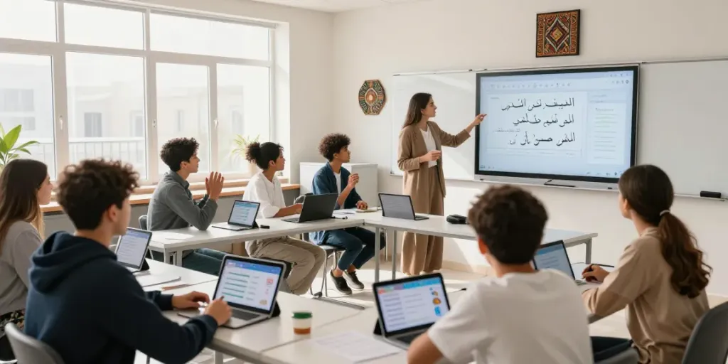 Arabisch lernen in Marokko in modernem Klassenzimmer mit interaktiven Lernmitteln.