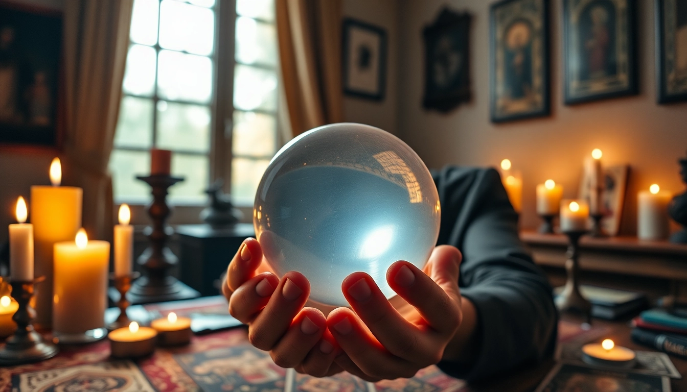 Hellseher online in a serene office, consulting a crystal ball with mystical elements.