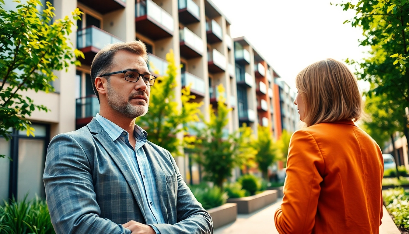 Immobilienmakler Frankfurt Dornbusch beraten Kunden in einer modernen, urbanen Umgebung.
