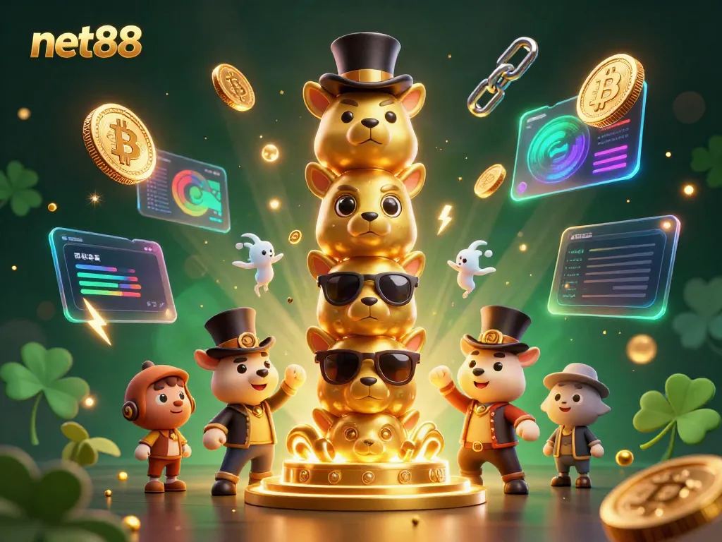 Place your bets with net88 in a vibrant 3D casino scene filled with crypto elements and a golden totem.