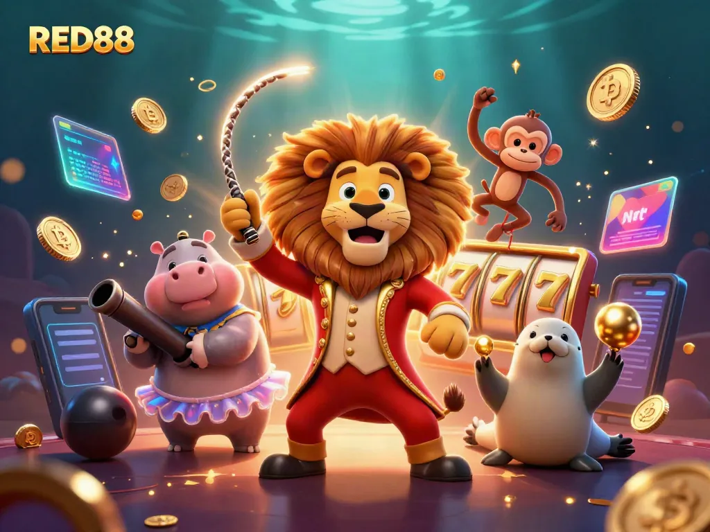 Experience the fun of gaming with RED88 in this lively 3D casino scene featuring vibrant characters.