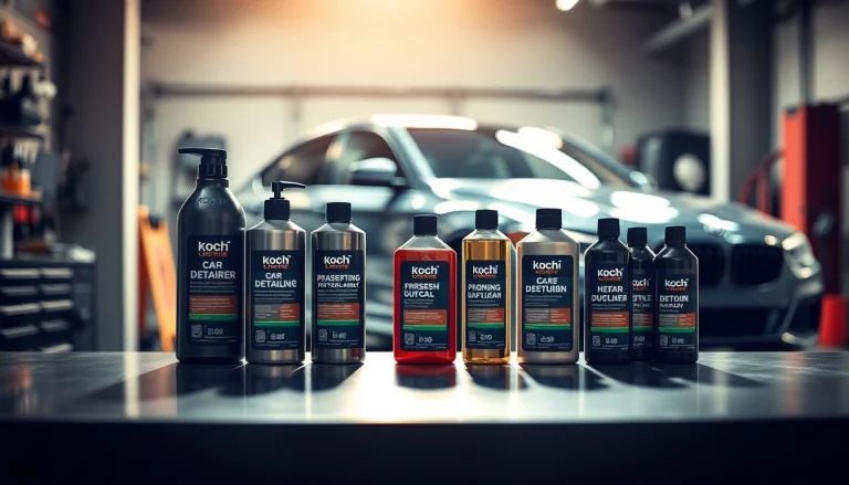 Koch Chemie Produkte in professioneller Autoaufbereitungsszene auf einem gut beleuchteten Arbeitsplatz.