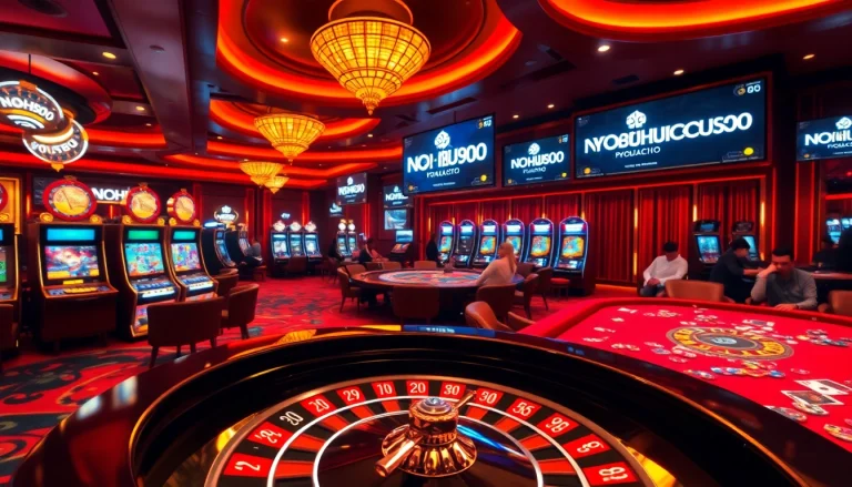 Players enjoying engaging games at NOHU90 casino with roulette wheels and slot machines.