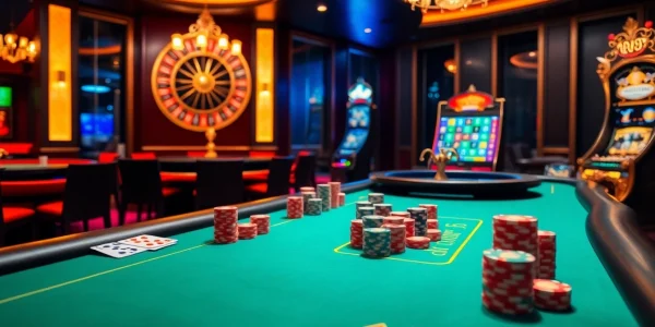 Experience the excitement of jl55 one with vibrant casino tables, poker chips, and spinning roulette wheels.