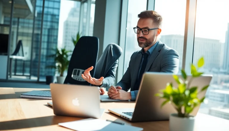 Headhunter Schweiz motiviert im Gespräch mit Klienten in einem modernen Büroambiente.
