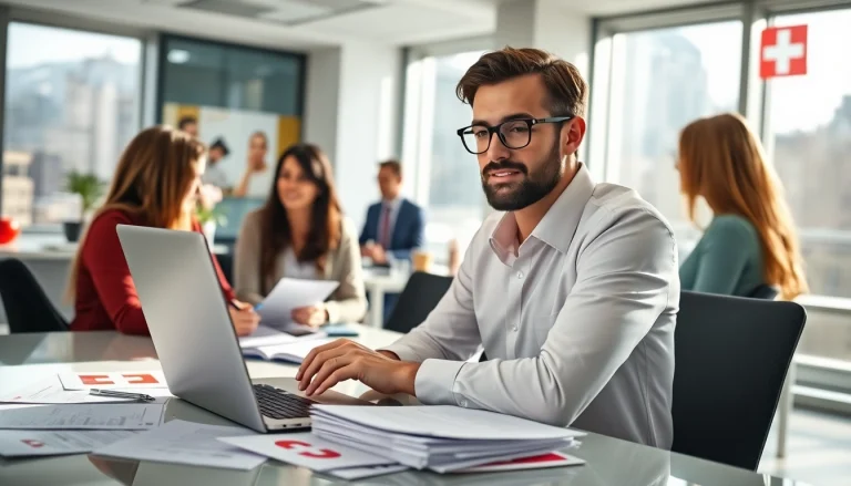Headhunter Schweiz in a modern office engaging with candidates and evaluating resumes.