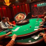 High-stakes casino scene with players, cards, and MMOO-themed elements exemplifying excitement.