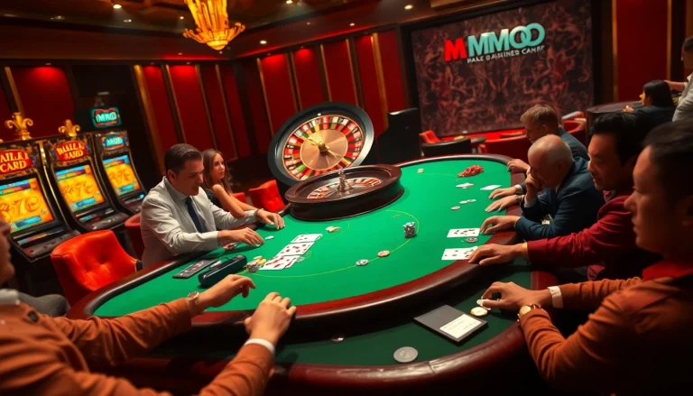 High-stakes casino scene with players, cards, and MMOO-themed elements exemplifying excitement.