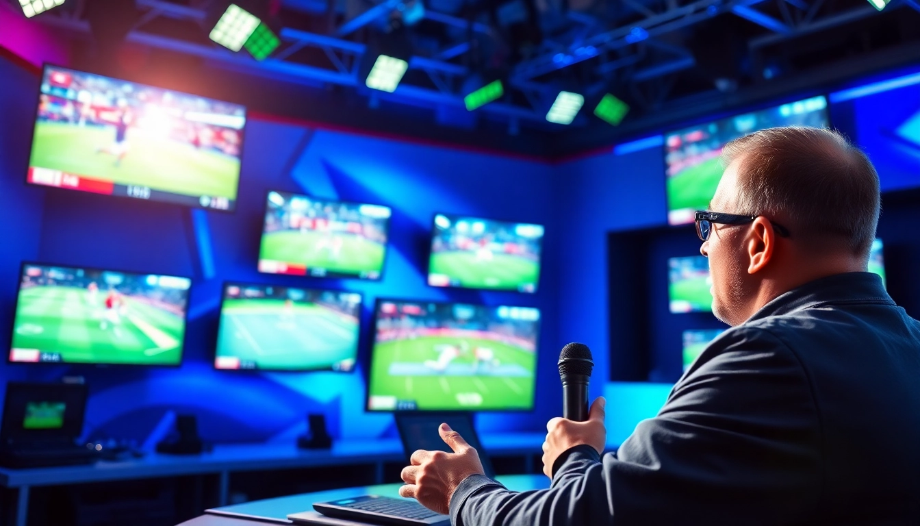 Engaging commentator in a vibrant sports broadcasting studio showcasing live events.