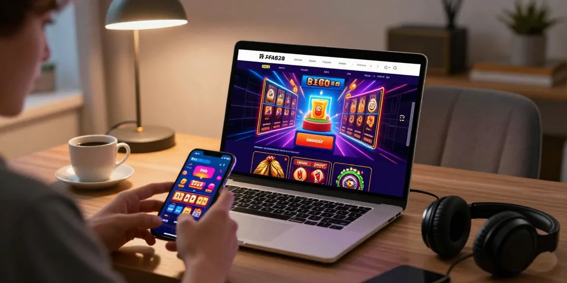 Engaged user exploring FAFA828's online gambling features on laptop and mobile.